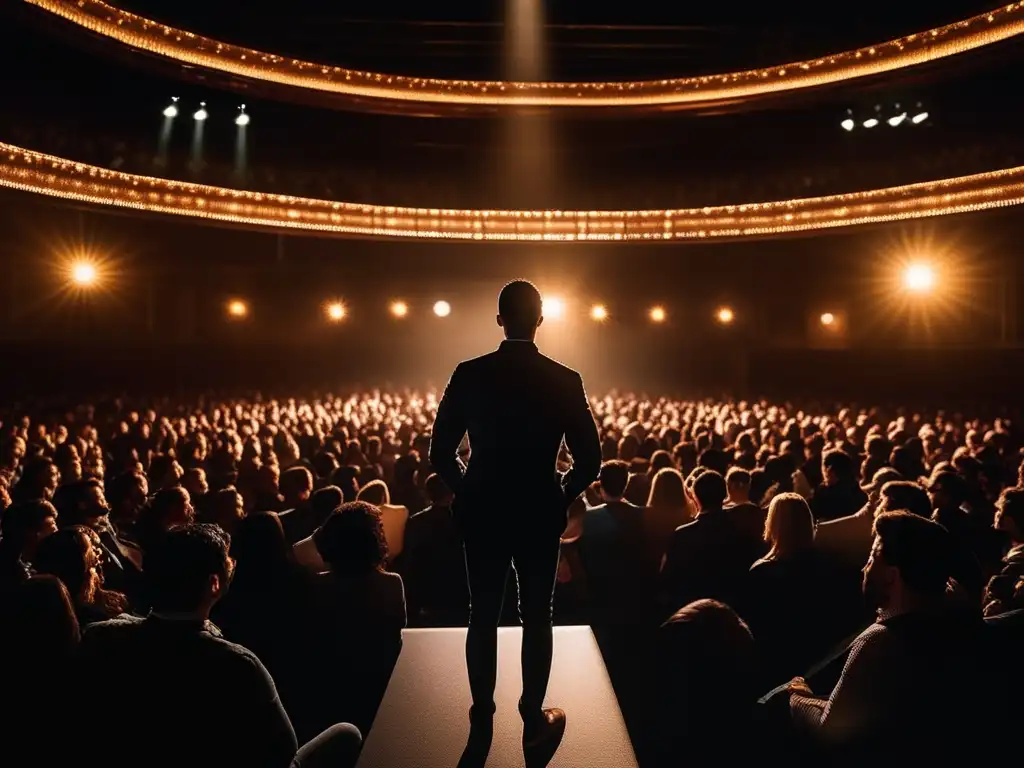 Persona segura en el escenario, público atento