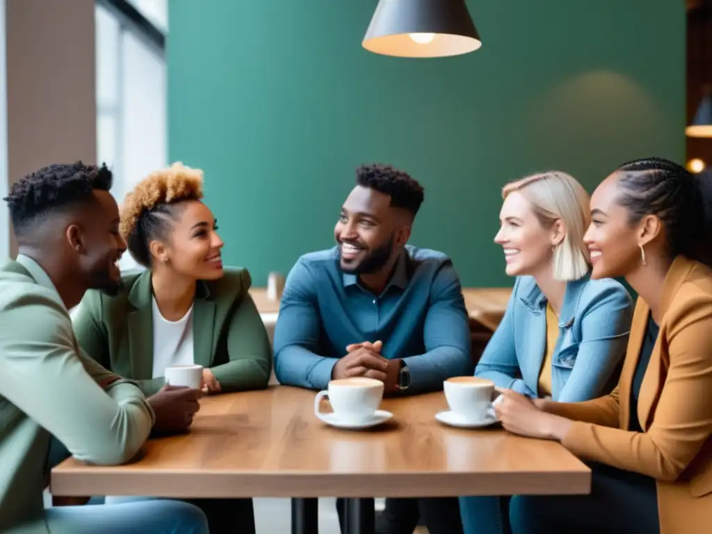 Conversación inclusiva en café moderno