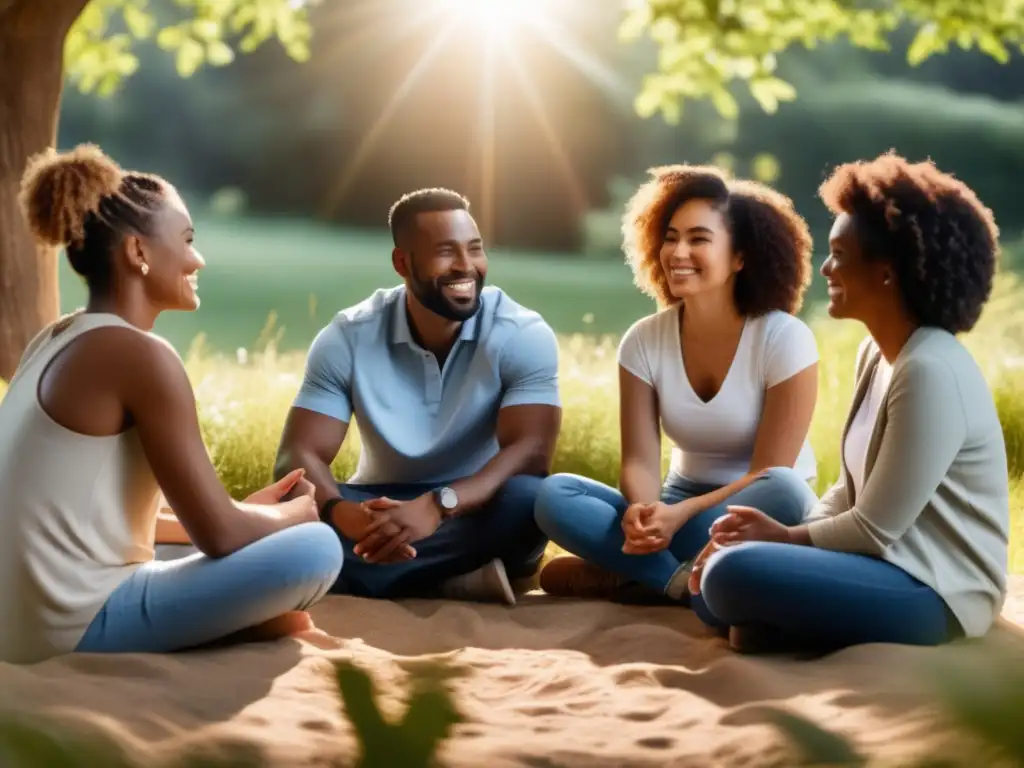 Grupo diverso en conversación empática al aire libre, influencia en bienestar mental