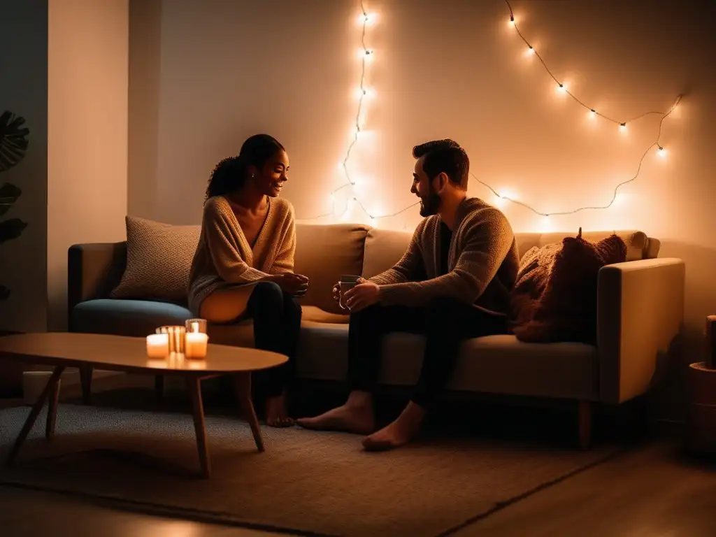 Pareja en sala acogedora, luz tenue y cálida