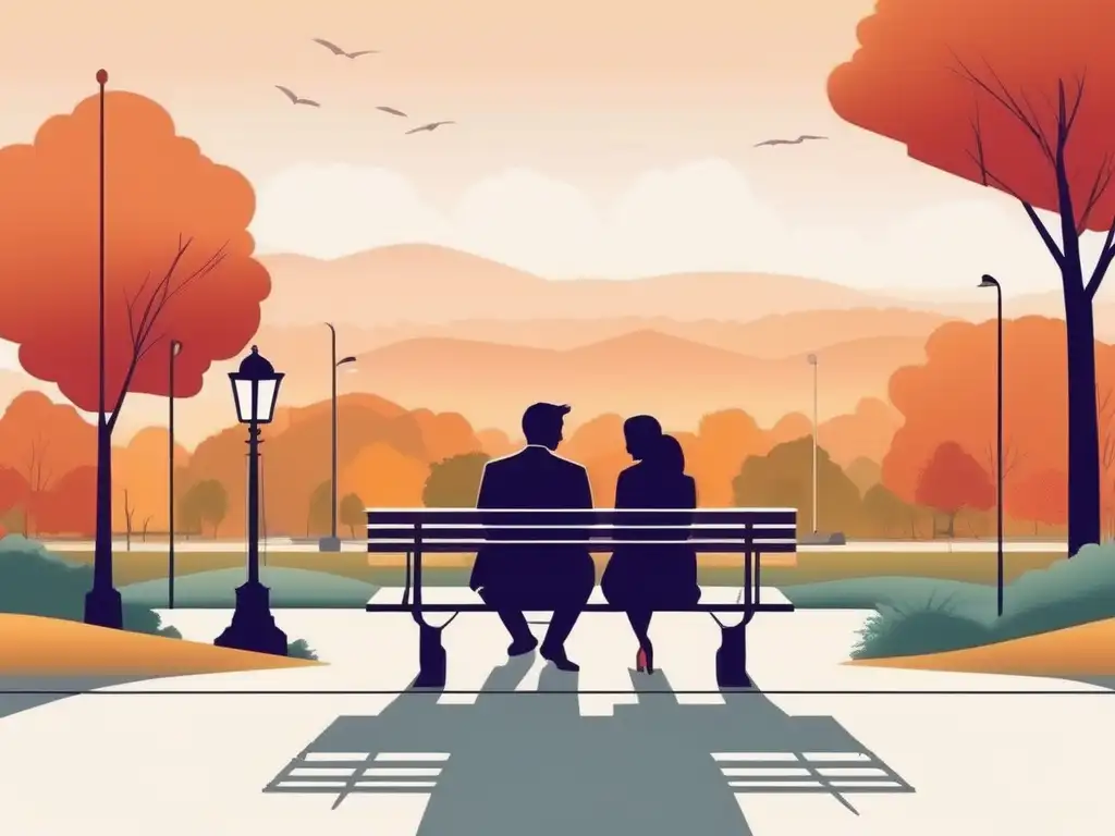 Ilustración moderna y minimalista: Pareja conversando en un banco del parque, rodeados de paisaje sereno