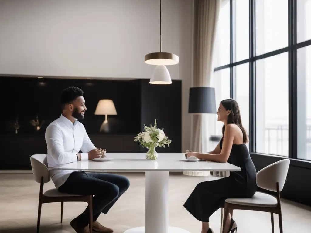 Dos personas en una conversación respetuosa en un ambiente moderno y luminoso