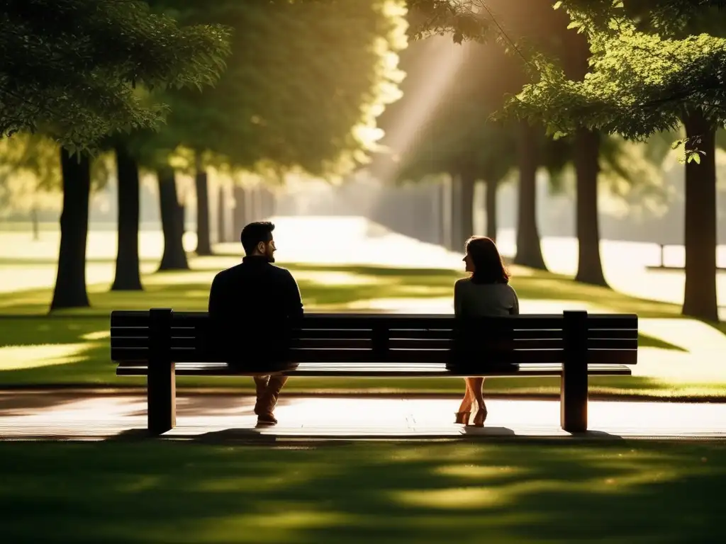 Pareja conversando en un banco de madera en un parque sereno - Consejos para relaciones a distancia