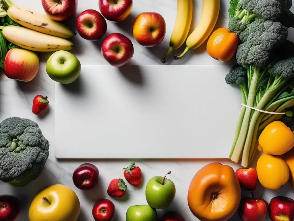 Cocina minimalista con encimera de mármol blanco y alimentos coloridos