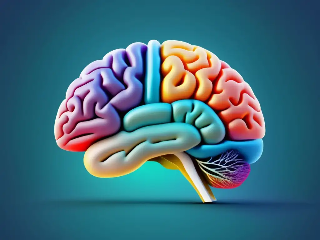 Cerebro humano con detalles y colores vibrantes, destacando las regiones y estructuras