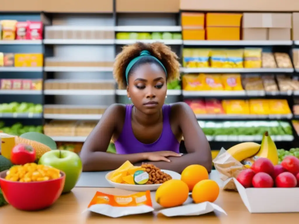 Personaje rodeado de alimentos procesados, falta de conciencia sobre relación malnutrición-salud mental, acceso limitado a alimentos saludables