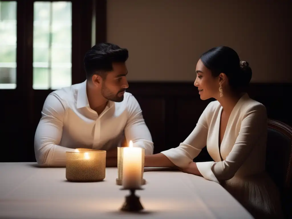 Pareja distanciada en cena triste