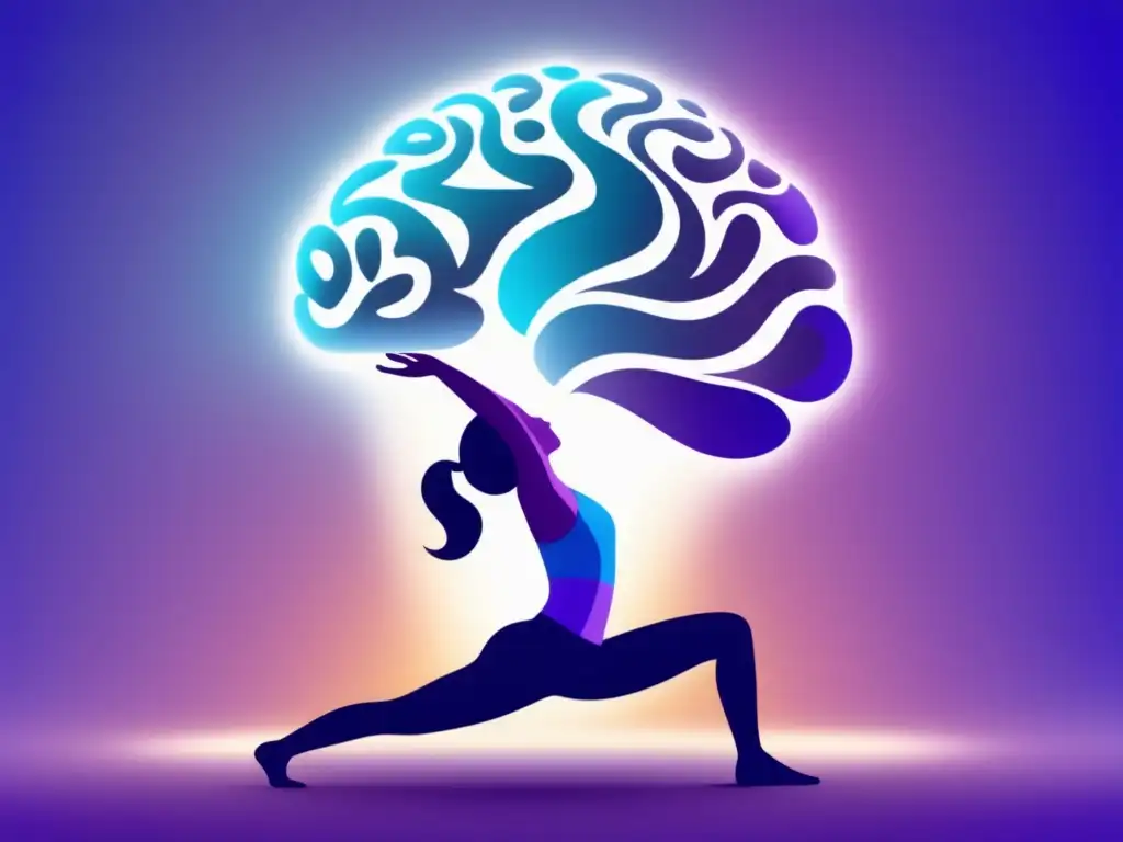 Técnicas de manejo del estrés con neurociencia: persona en pose de yoga con patrón cerebral vibrante y dinámico