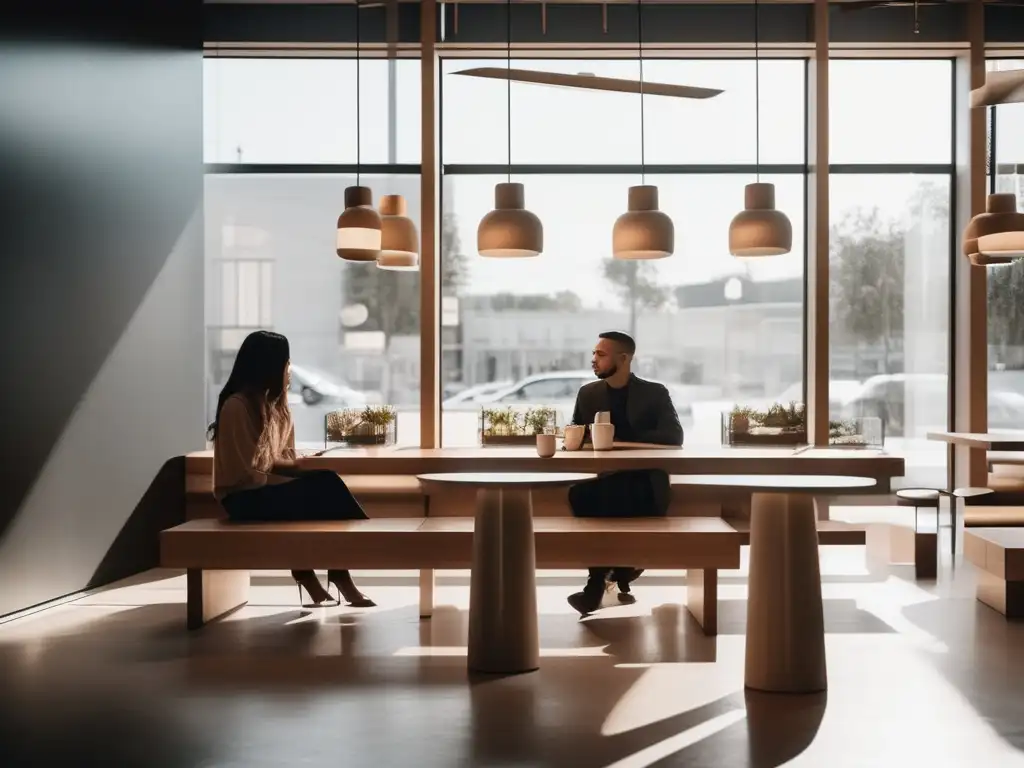 Personas en una cafetería minimalista, expresando empatía y conexión emocional