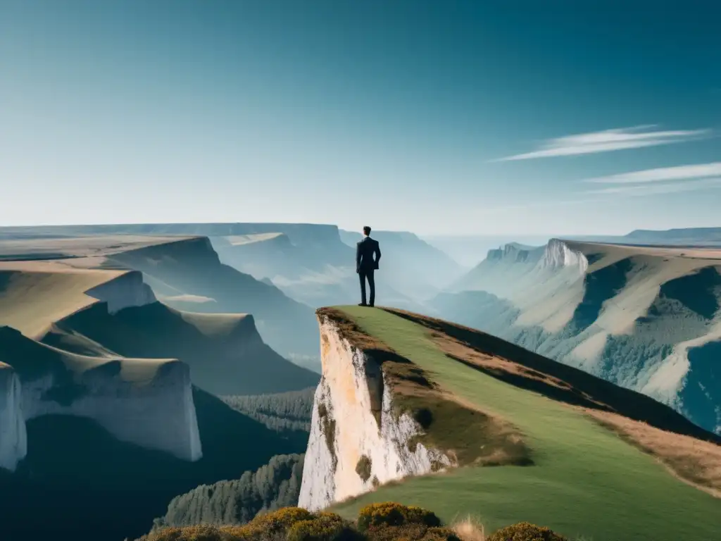 Persona empoderada contempla salto de fe en paisaje impresionante