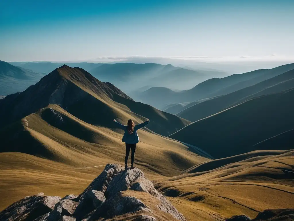 Persona en la cima de una montaña, rodeada de un paisaje hermoso y cielo azul