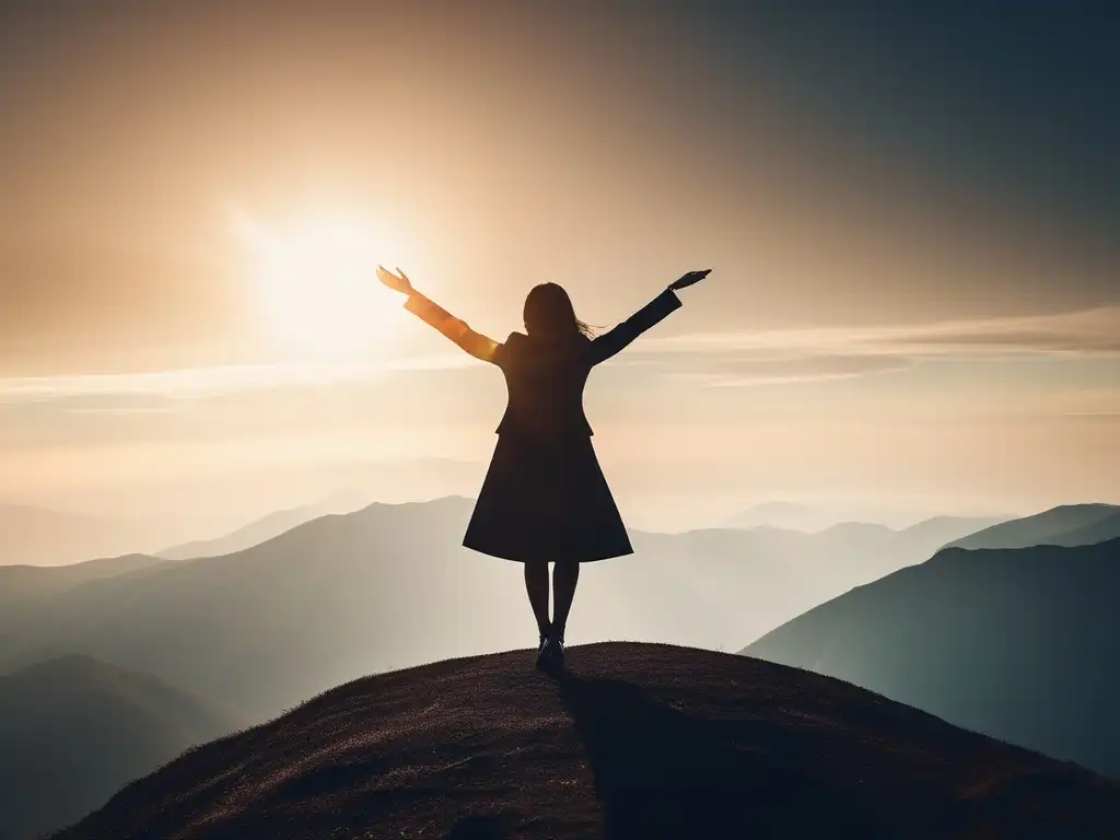 Mujer empoderada en la cima de una montaña, simbolizando el crecimiento personal y profesional