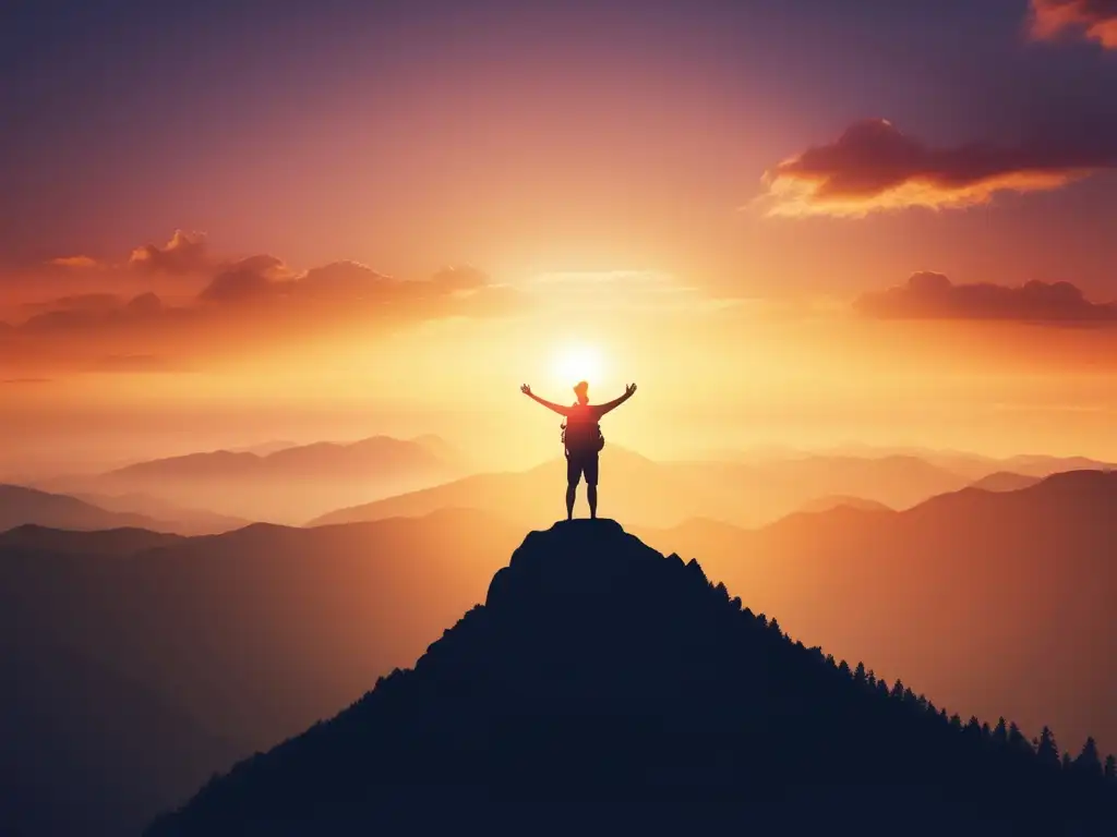 Persona en la cima de una montaña, amanecer radiante