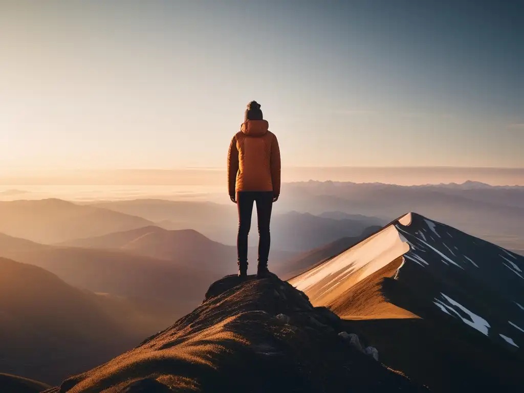 Persona empoderada en la cima de una montaña, simbolizando mejorar autoestima y empoderamiento emocional