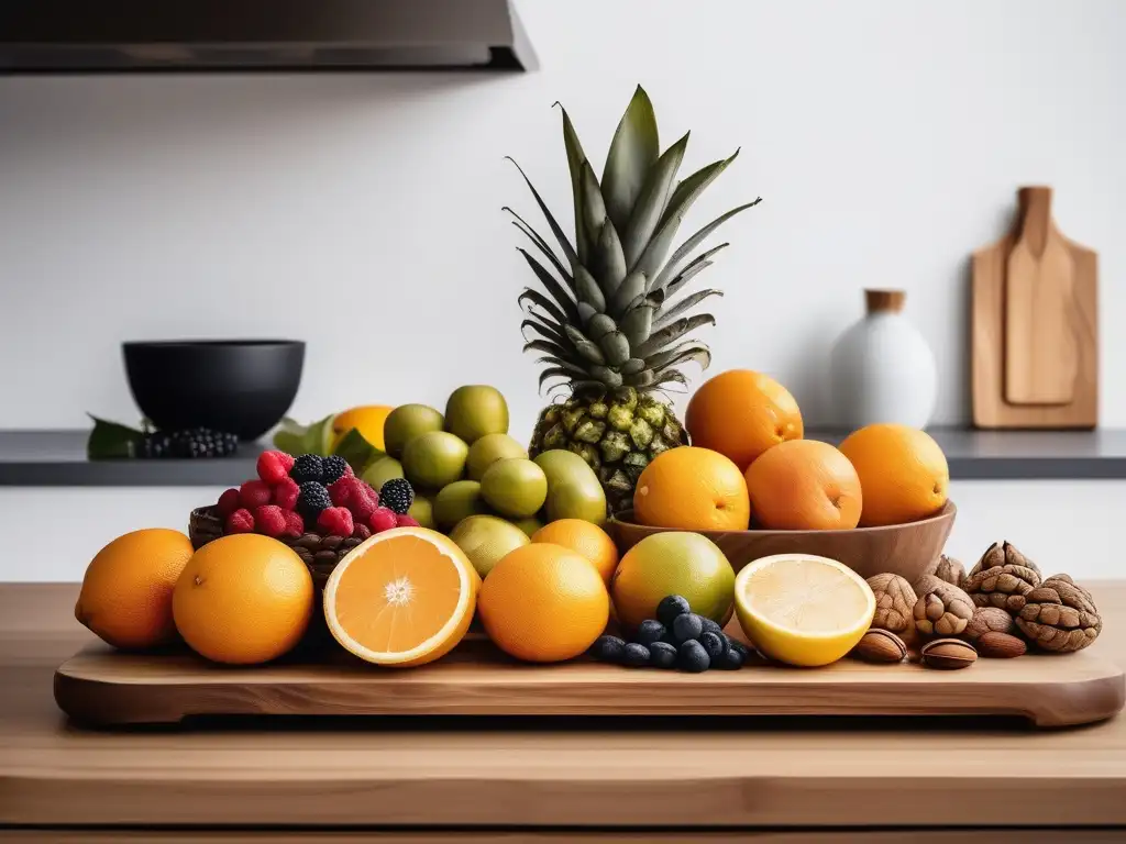 Alimentos para mejorar estado de ánimo: Cocina minimalista con frutas frescas y nueces en un entorno saludable