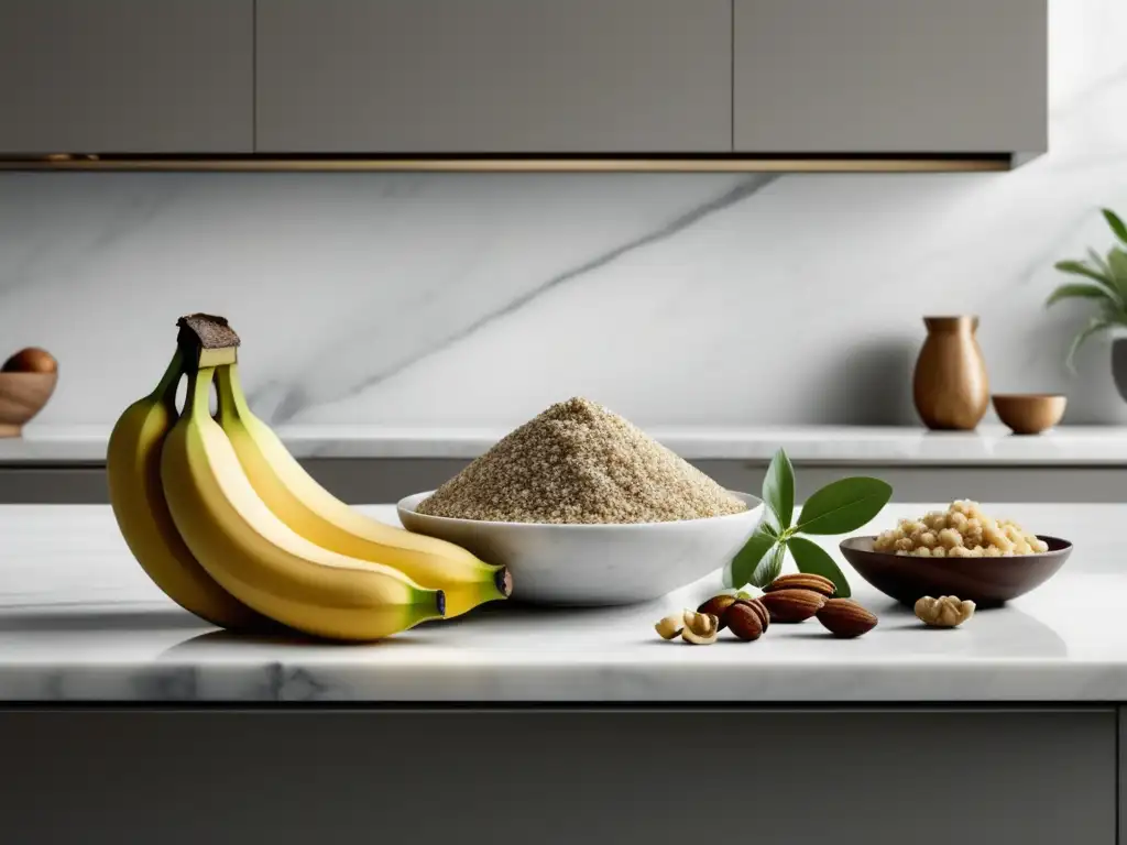 Cocina minimalista con encimera de mármol blanco y alimentos antiestrés para equilibrar tu dieta