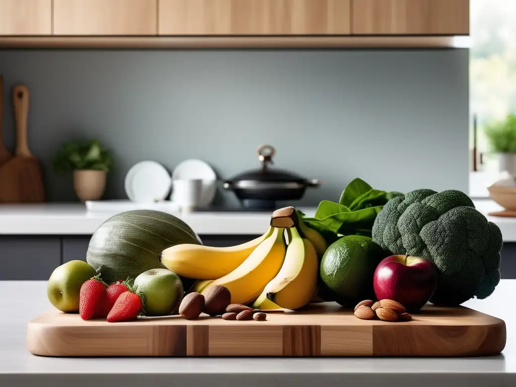 Cocina minimalista con alimentos nutritivos para equilibrio emocional