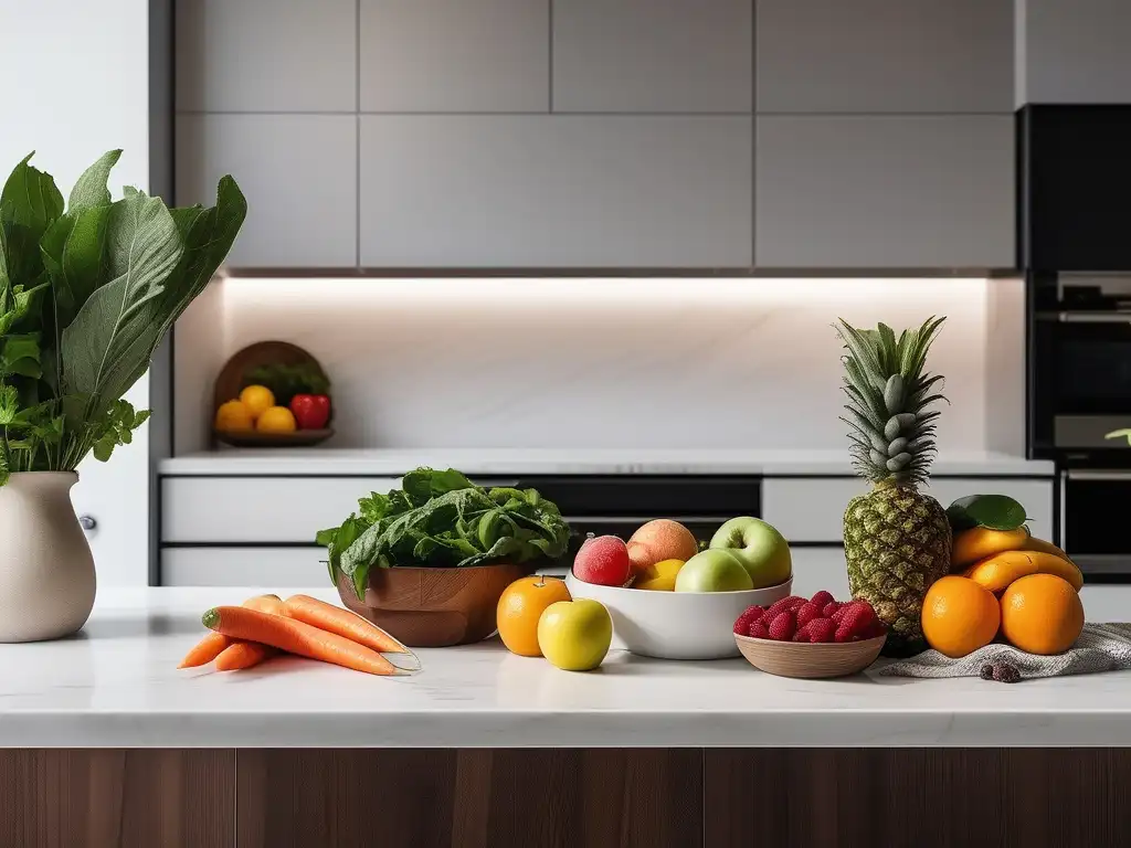 Cocina minimalista con alimentos frescos para controlar la ansiedad