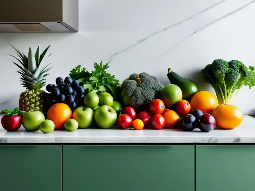 Alimentos anti-ansiedad: cocina minimalista con frutas y verduras vibrantes en encimera de mármol