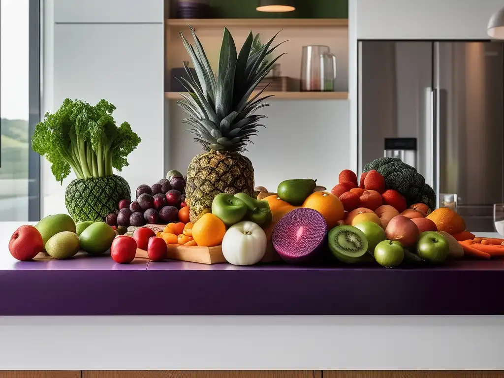 Alimentos que afectan al estado de ánimo: cocina minimalista con frutas y verduras coloridas y organizadas