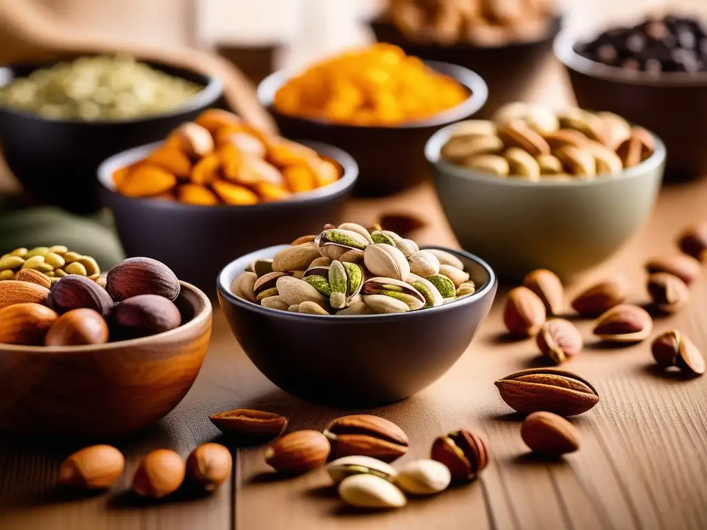 Alimentos para energía y ánimo: variedad de nueces y semillas en cocina moderna