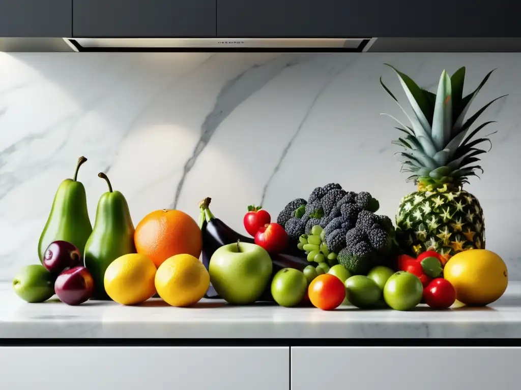 Cocina minimalista con encimera de mármol blanco y alimentos frescos