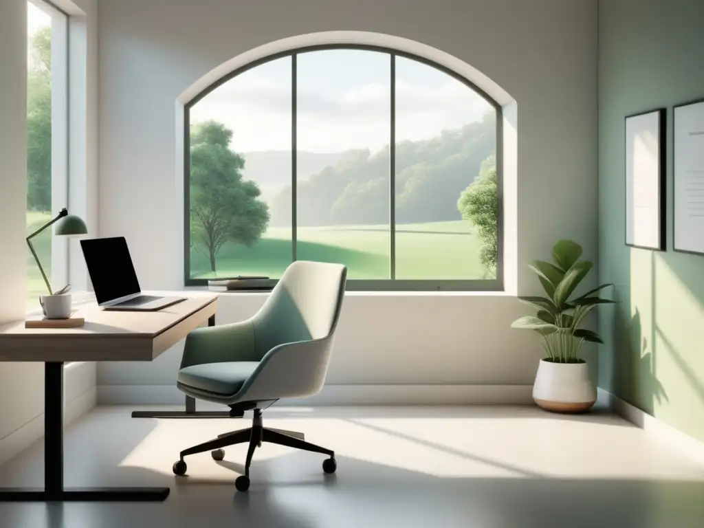 Estudio moderno, tranquilo, con escritorio frente a ventana con paisaje verde