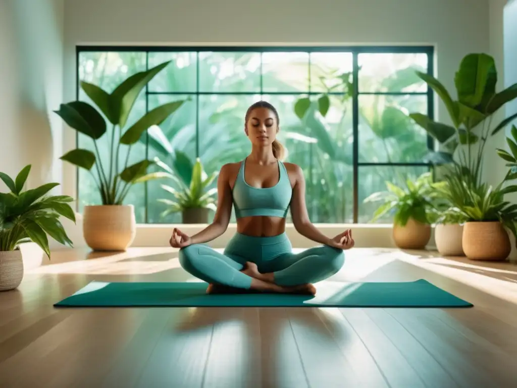 Hábitos saludables para equilibrio emocional: mujer practicando yoga en un espacio tranquilo rodeada de plantas