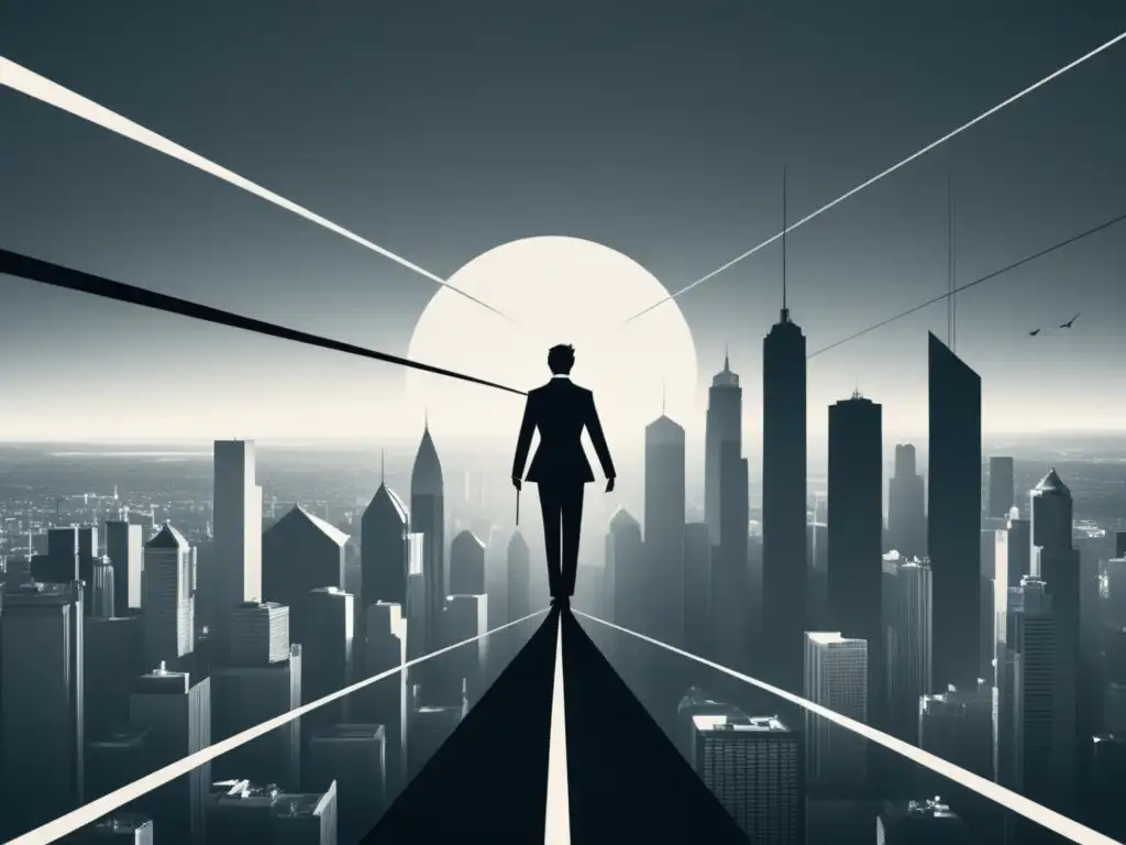 Tightrope walker above cityscape symbolizing emotional equilibrium