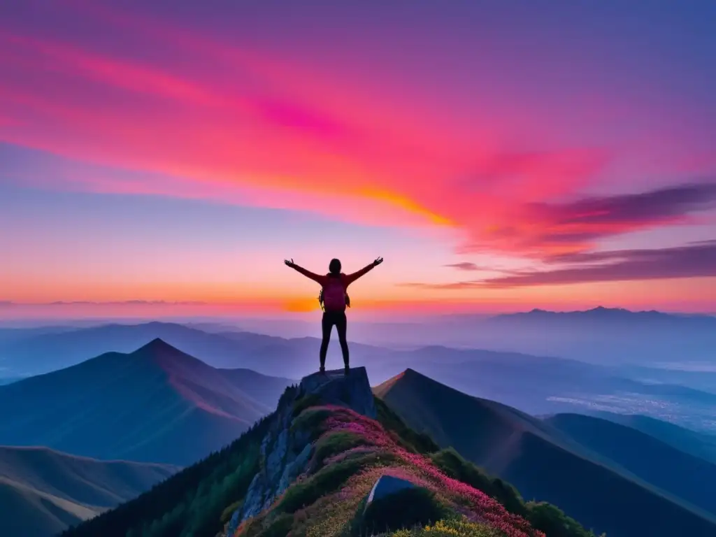 Hábitos saludables para equilibrio emocional, persona en la cima de la montaña con amanecer vibrante y serenidad