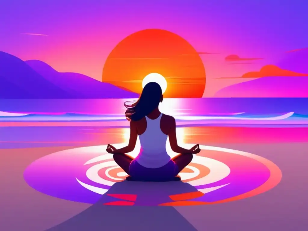 Técnicas para equilibrio emocional pleno en una serena imagen de playa al amanecer, con una persona meditando rodeada de luz