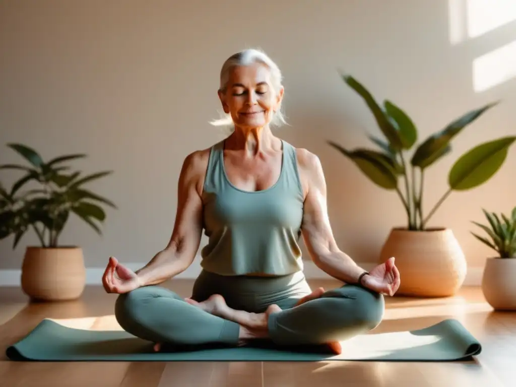 Equilibrio emocional después de los 60: mujer mayor en yoga