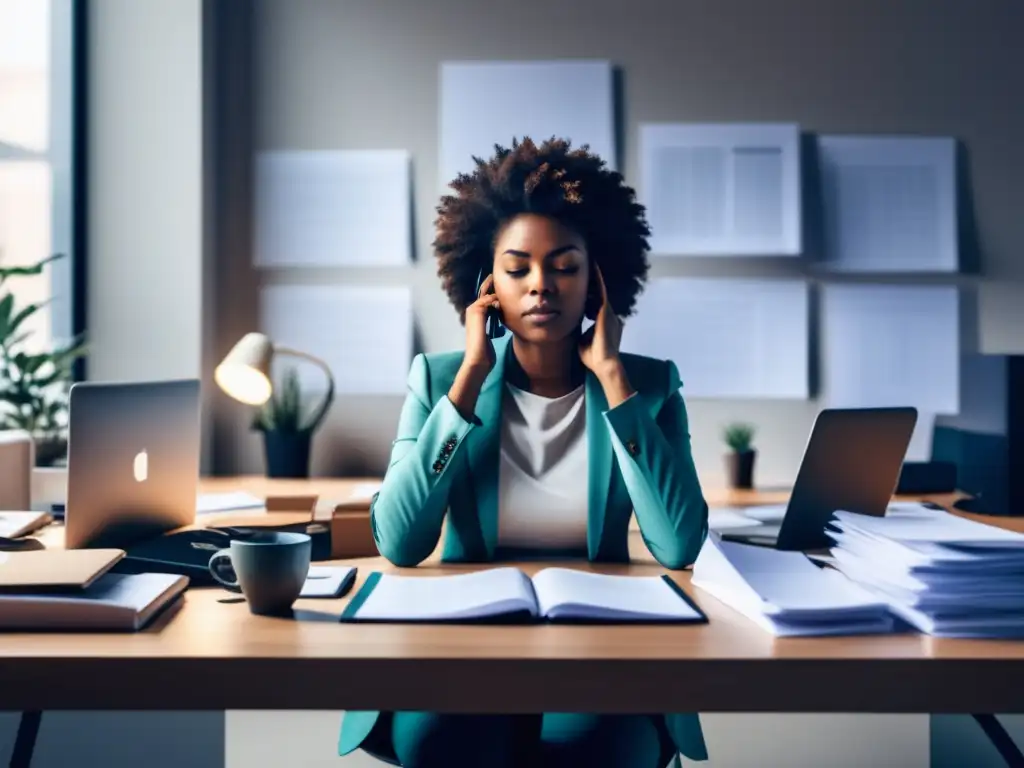 Técnicas de mindfulness para estrés laboral en oficina moderna