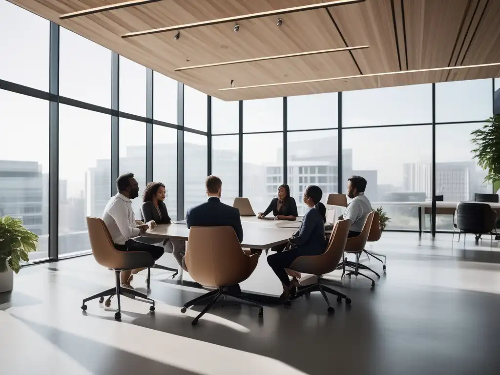 Equilibrio trabajo-vida y estrategias de liderazgo en una reunión de empleados en una oficina moderna