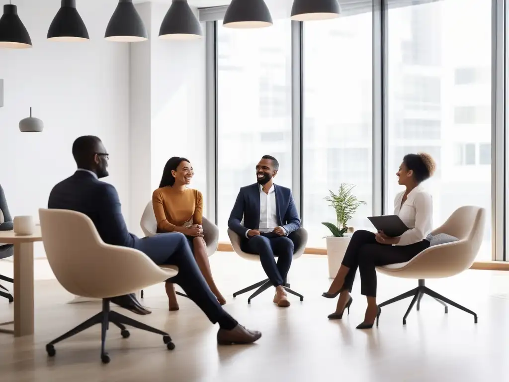 Equilibrio emocional en el liderazgo: profesionales diversos en una oficina armoniosa y positiva