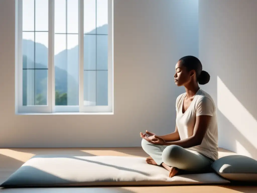 Técnicas de mindfulness para el estrés: escena serena y minimalista con persona en meditación, iluminada por luz natural en habitación luminosa