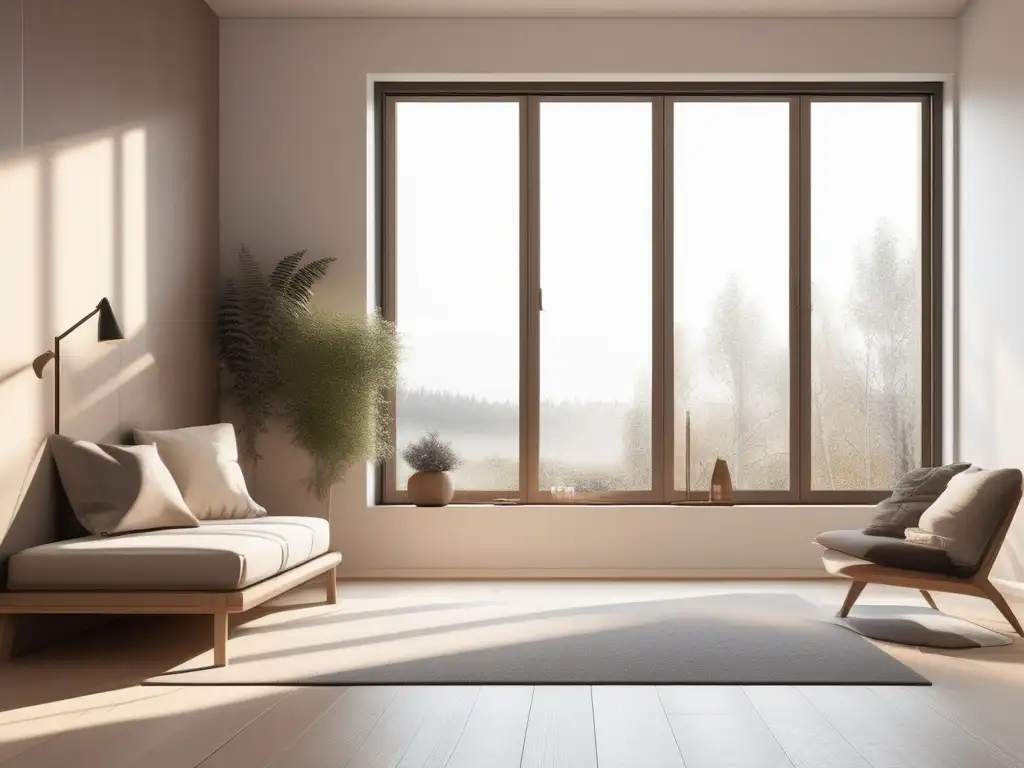 Beneficios del Mindfulness en rutinas diarias: Serenidad en una habitación minimalista y moderna, con luz suave y decoración sencilla