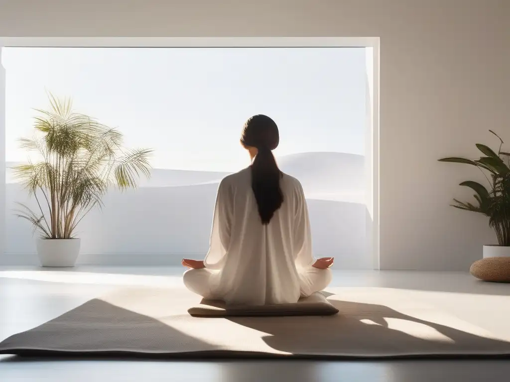 Imagen: Serenidad y minimalismo en una habitación blanca con ventanales, persona en meditación rodeada de elementos de mindfulness