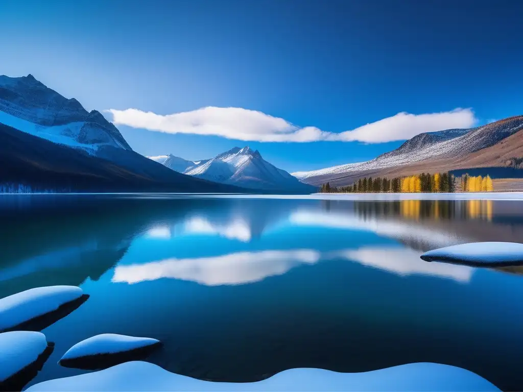 Imagen de escena serena con lago, montañas nevadas y figura meditando