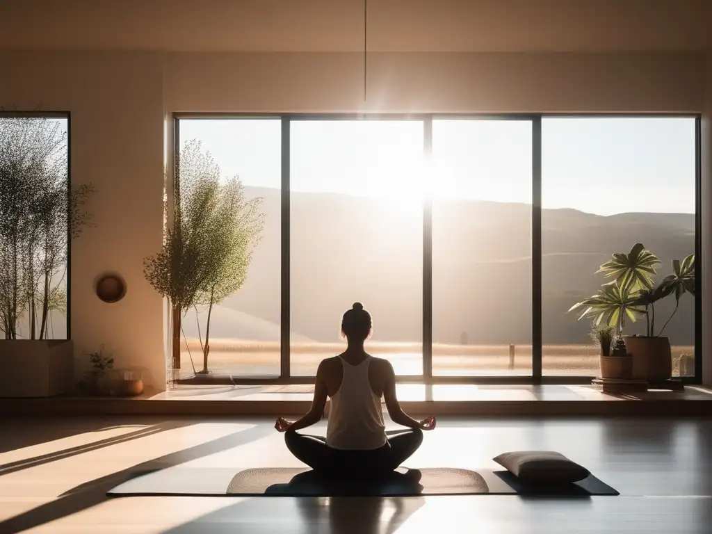 Imagen: persona en pose meditativa, espacio minimalista y relajante