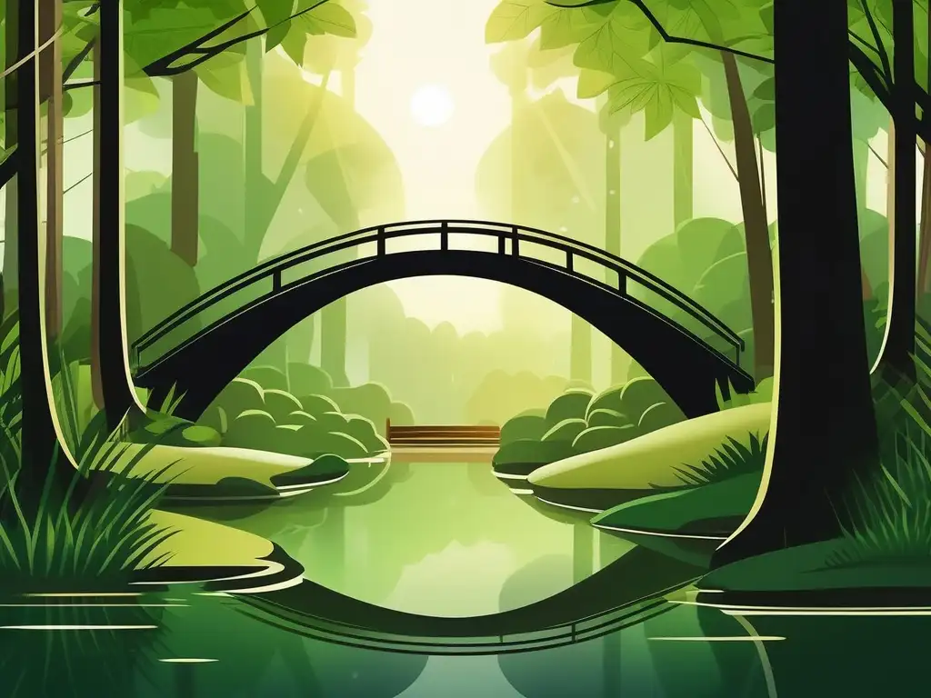 Bosque tranquilo con puente simbolizando mindfulness y beneficios en trastornos alimentarios