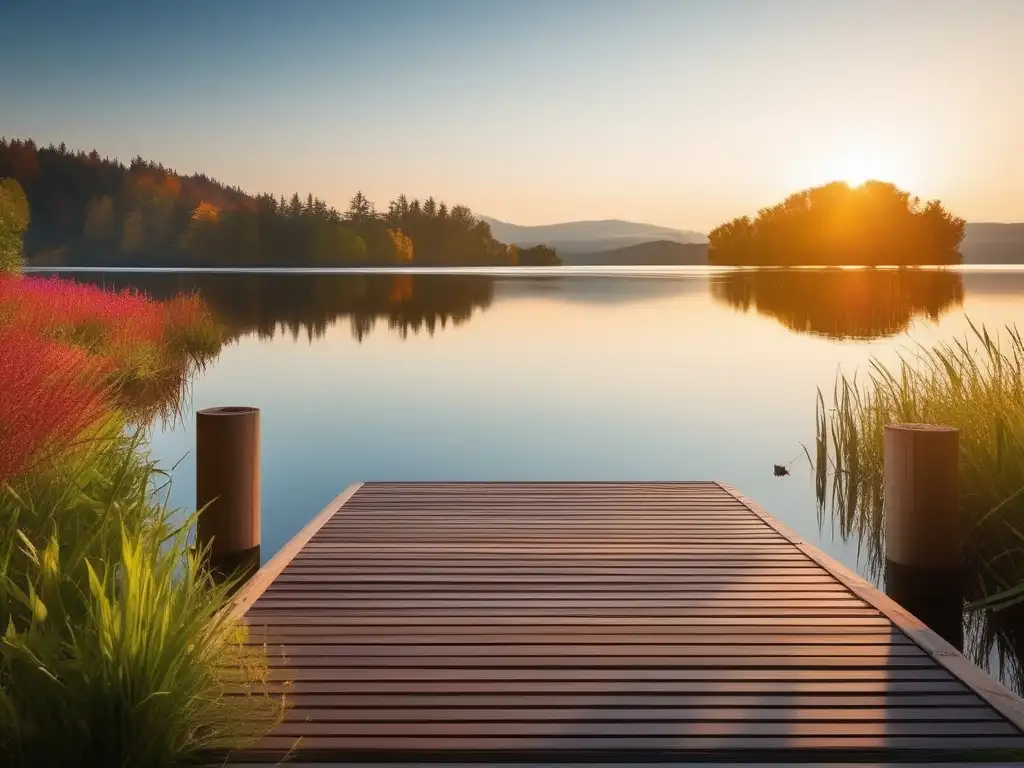 Beneficios del mindfulness en fobia social: escena serena y tranquila con un muelle de madera en un lago calmado reflejando la naturaleza vibrante