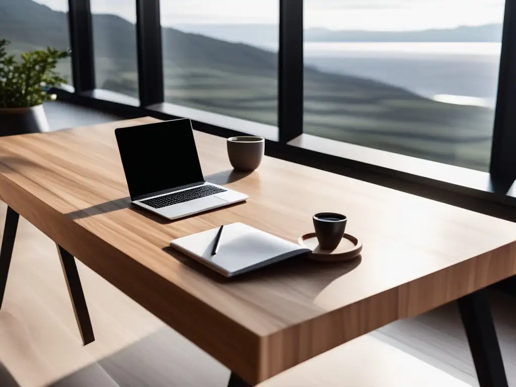 Espacio de trabajo minimalista con escritorio de madera pulida, iluminado por ventana con vista serena