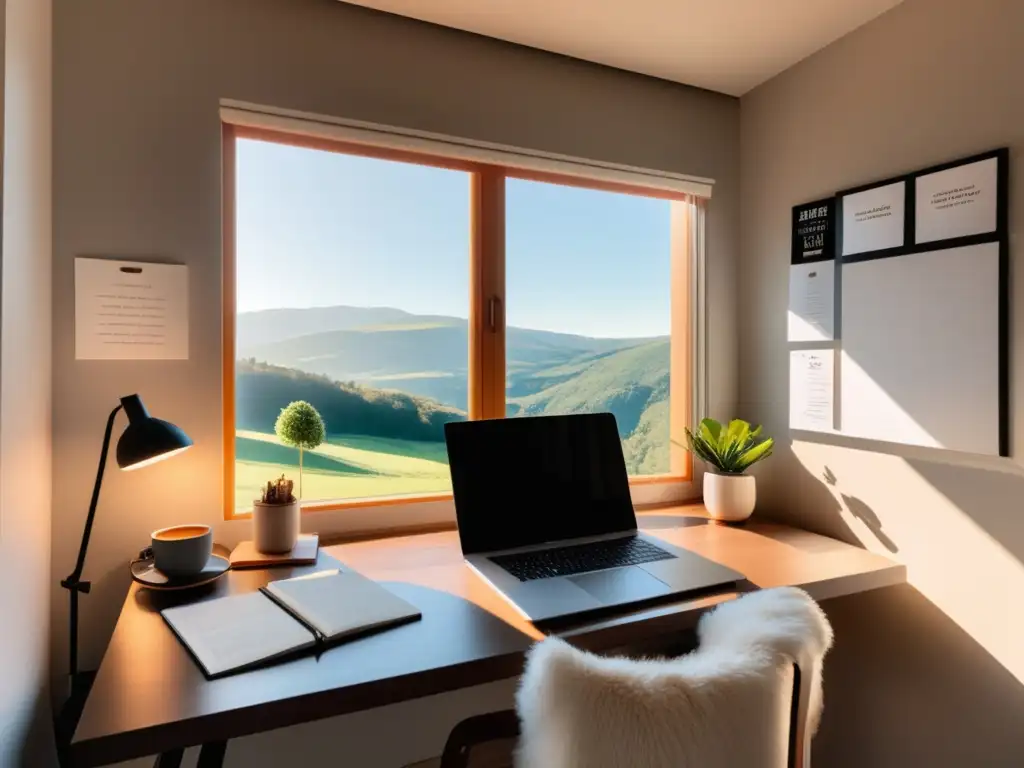 Espacio de trabajo minimalista con vistas a un paisaje sereno