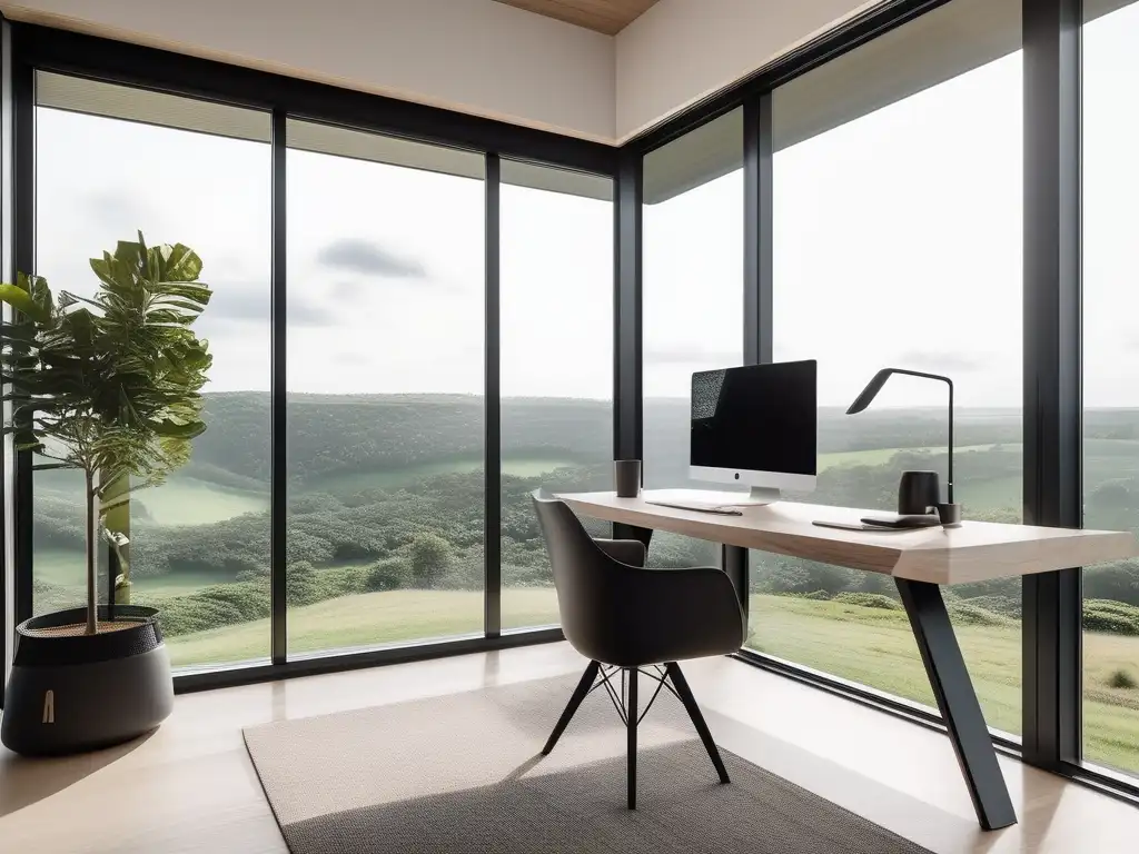 Espacio de trabajo minimalista con vista panorámica a un paisaje verde - Estrategias de liderazgo para promover el equilibrio trabajovida