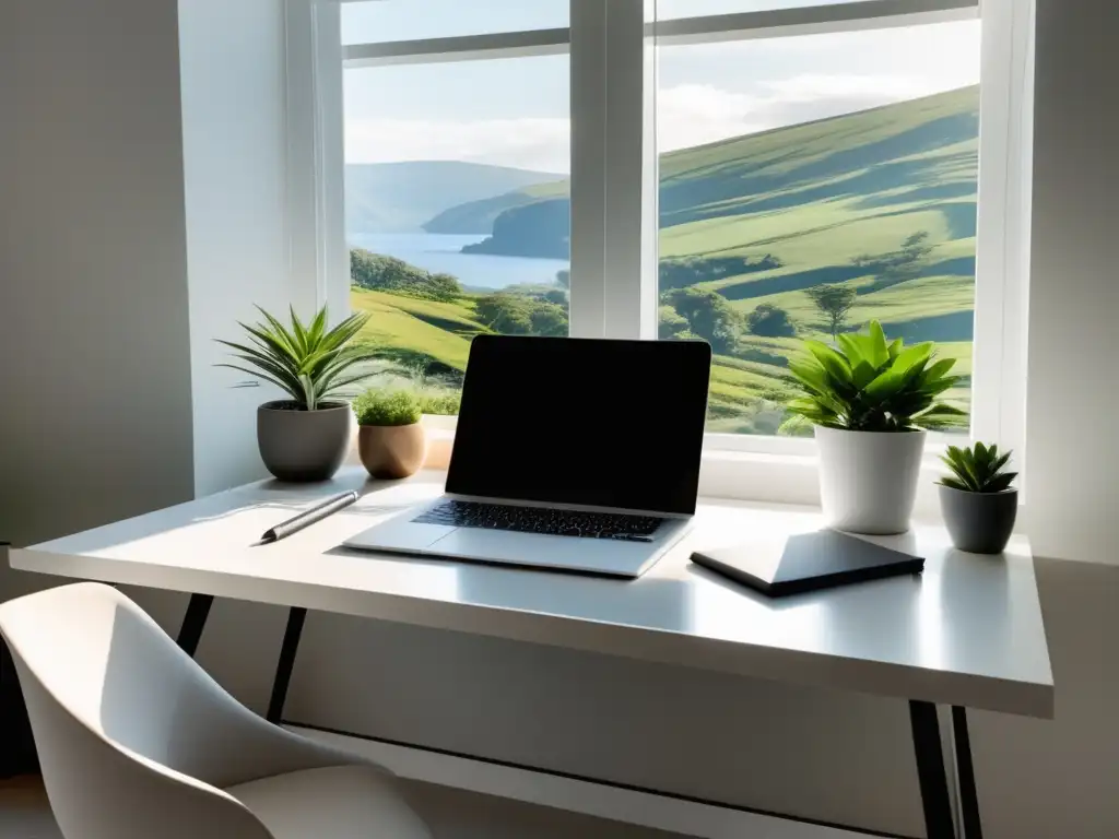 Espacio de trabajo moderno y minimalista con vista a paisaje natural