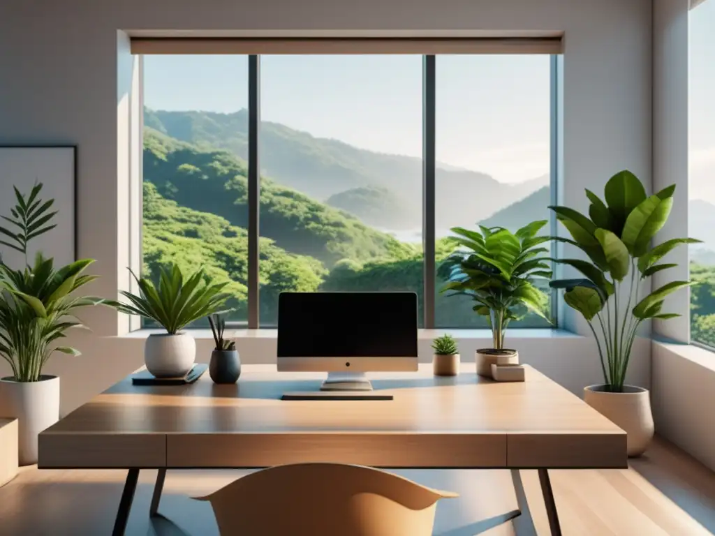 Espacio de oficina minimalista con luz natural, escritorio moderno de madera clara, planta y vista verde