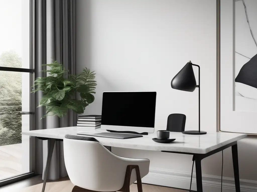 Espacio de trabajo minimalista y sereno, con escritorio de mármol blanco, silla negra y luz natural