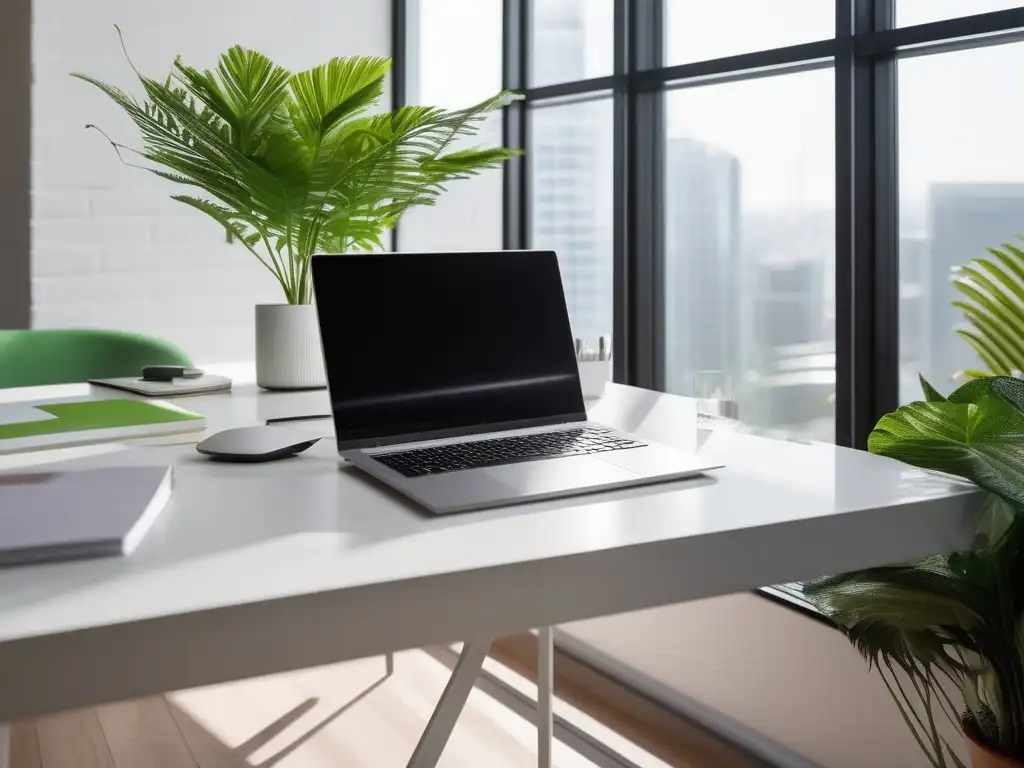 Beneficios de mindfulness en emprendimiento: Oficina minimalista con escritorio blanco, laptop plateada y gráfico verde vibrante