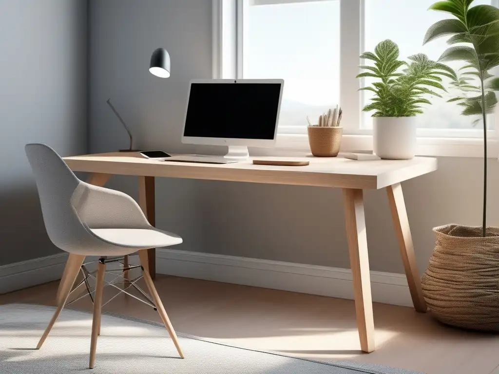 Workspace minimalista y organizado con escritorio de madera clara